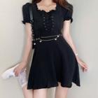 Frill Trim Puff Sleeve Square Neck Lace-up A-line Dress