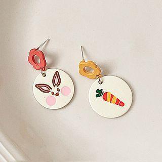 Asymmetrical Rabbit Print Drop Earring 1 Pair - Silver Pin - Pink & White - One Size
