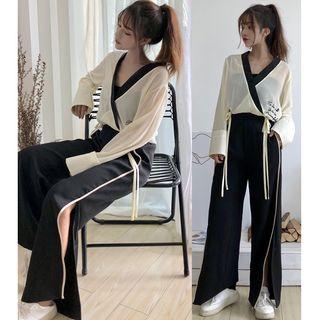V-neck Color Block Blouse / Side Slit Wide-leg Pants