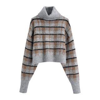 Mock-neck Long-sleeve Plaid Knit Sweater