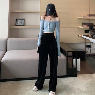 Off-shoulder Long-sleeve Crop Top / Velvet Straight-cut Pants