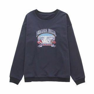 Long-sleeve Print Loose-fit Top Dark Blue - One Size