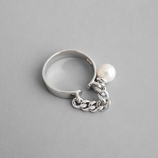 925 Sterling Silver Faux Pearl Chained Ring Silver - One Size