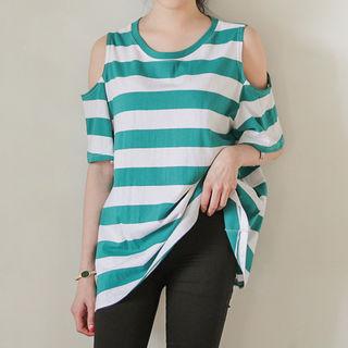 Cutout-shoulder Stripe T-shirt