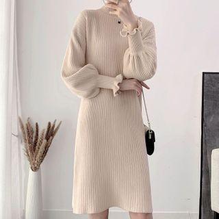 Lantern-sleeve Ribbed Knit Dress