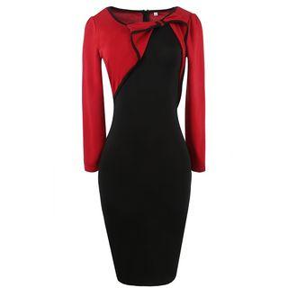 Bow Accent Color Panel Long Sleeve Dress
