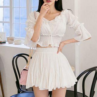 Set: Lace Up Elbow-sleeve Crop Top + Mini A-line Skirt