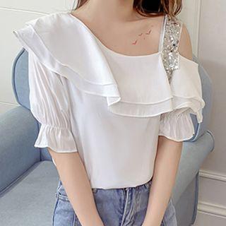 Sequined Panel Cold Shoulder Elbow-sleeve Blouse