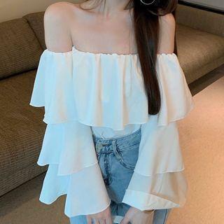 Plain Off-shoulder Ruffled Blouse White - One Size
