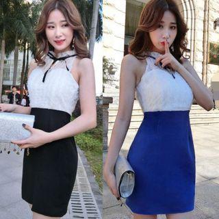 Sleeveless Lace Panel Mini Sheath Dress