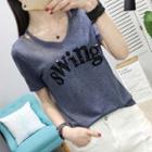 Short-sleeve Embellished Lettering Knit Top