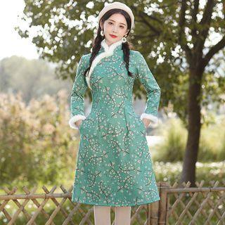 Long-sleeve Floral Print A-line Qipao Dress