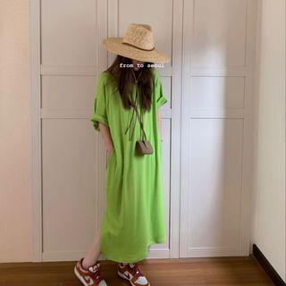 Elbow-sleeve Slit Midi T-shirt Dress Green - One Size