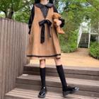 Ruffle Trim Collar Blouse / Bow Midi A-line Overall Dress