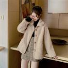 Fleece Button Jacket / Plaid A-line Skirt / Turtleneck Top