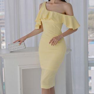 Cold-shoulder Ruffle Trim Midi Sheath Dress