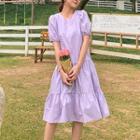 Balloon-sleeve Drawstring Shirred Midi A-line Dress