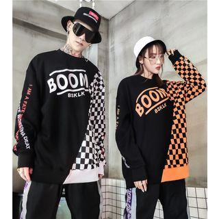 Couple Matching Plaid Panel Lettering Pullover