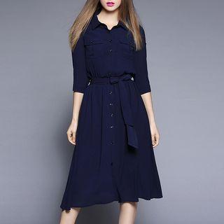 Pocketed 3/4 Sleeve Shirtdress