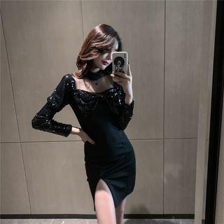 Long-sleeve Sequined Panel Sheath Dress