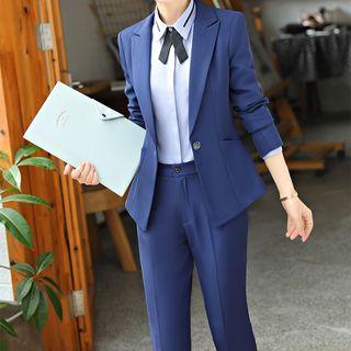Mini Pencil Skirt/ Contrast Trim Bow-accent Long-sleeve Shirt/ Slim Fit Blazer/ Dress Pants/ Set