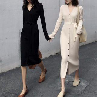 V-neck Single-breasted Midi Knit Dress