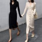 V-neck Single-breasted Midi Knit Dress