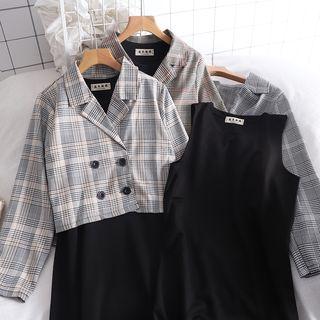 Set: Sleeveless Midi Dress + Plaid Cropped Blazer