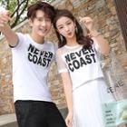 Couple Matching Set: Mesh Panel Short-sleeve T-shirt + Midi Mesh Skirt / Lettering Short-sleeve T-shirt / Plain Shorts