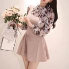 Long-sleeve Floral Chiffon Panel Mini A-line Dress