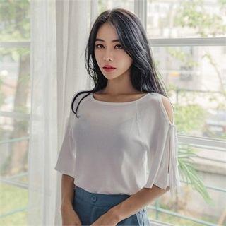 Slit Elbow-sleeve Tie-detail Knit Top