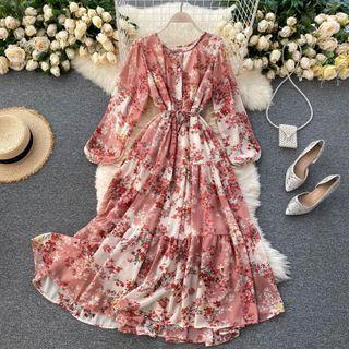 Long-sleeve Color Panel Floral Dress