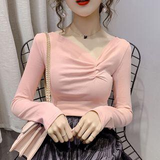 Asymmetric Shirred Long-sleeve Top