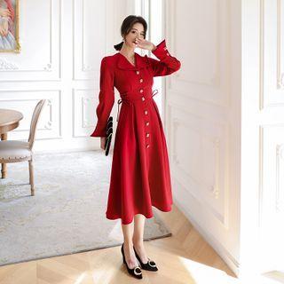 Bow Detail Collared Long-sleeve Midi A-line Dress