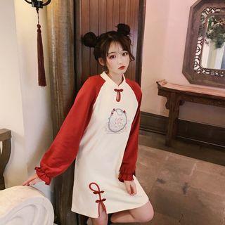 Long-sleeve Rabbit Print Mandarin Collar Dress