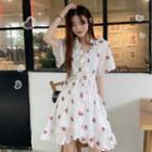 Strawberry Print Short-sleeve A-line Dress White - One Size
