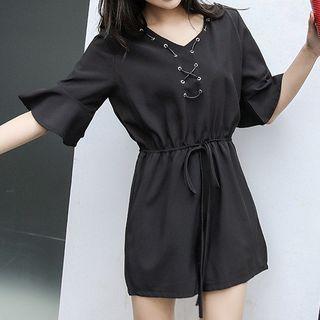Plain Lace Up Front Elbow Sleeve Playsuit