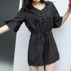 Plain Lace Up Front Elbow Sleeve Playsuit