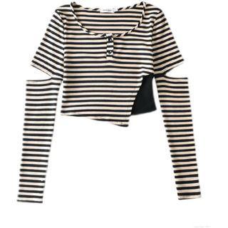 Mock Two-piece Long-sleeve Striped Crop Top