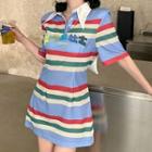 Short-sleeve Striped Polo Dress Stripe - Red & Beige & Green - One Size