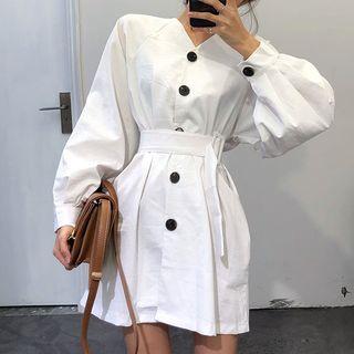 V-neck Long-sleeve Single-breasted Dress
