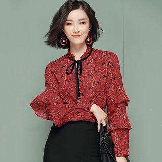 Tie-neck Paisley Ruffle Blouse