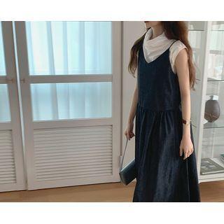 V-neck Denim Maxi Overall Dress One Size