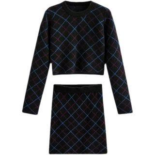 Set: Argyle Print Sweater + Knit Skirt