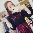 Set: Long-sleeve Lettering T-shirt Dress + Plaid Check Midi Skirt