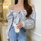 Off-shoulder Striped Blouse Stripe - White & Blue - One Size