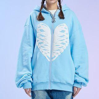 Long Sleeve Skull Print Loose-fit Zip-up Hoodie