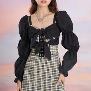 Long-sleeve Square-neck Bow Lace-up Top / Square-neck Plaid Camisole Dress
