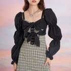 Long-sleeve Square-neck Bow Lace-up Top / Square-neck Plaid Camisole Dress