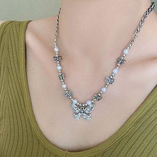 Butterfly Necklace 1pc - Silver & White - One Size